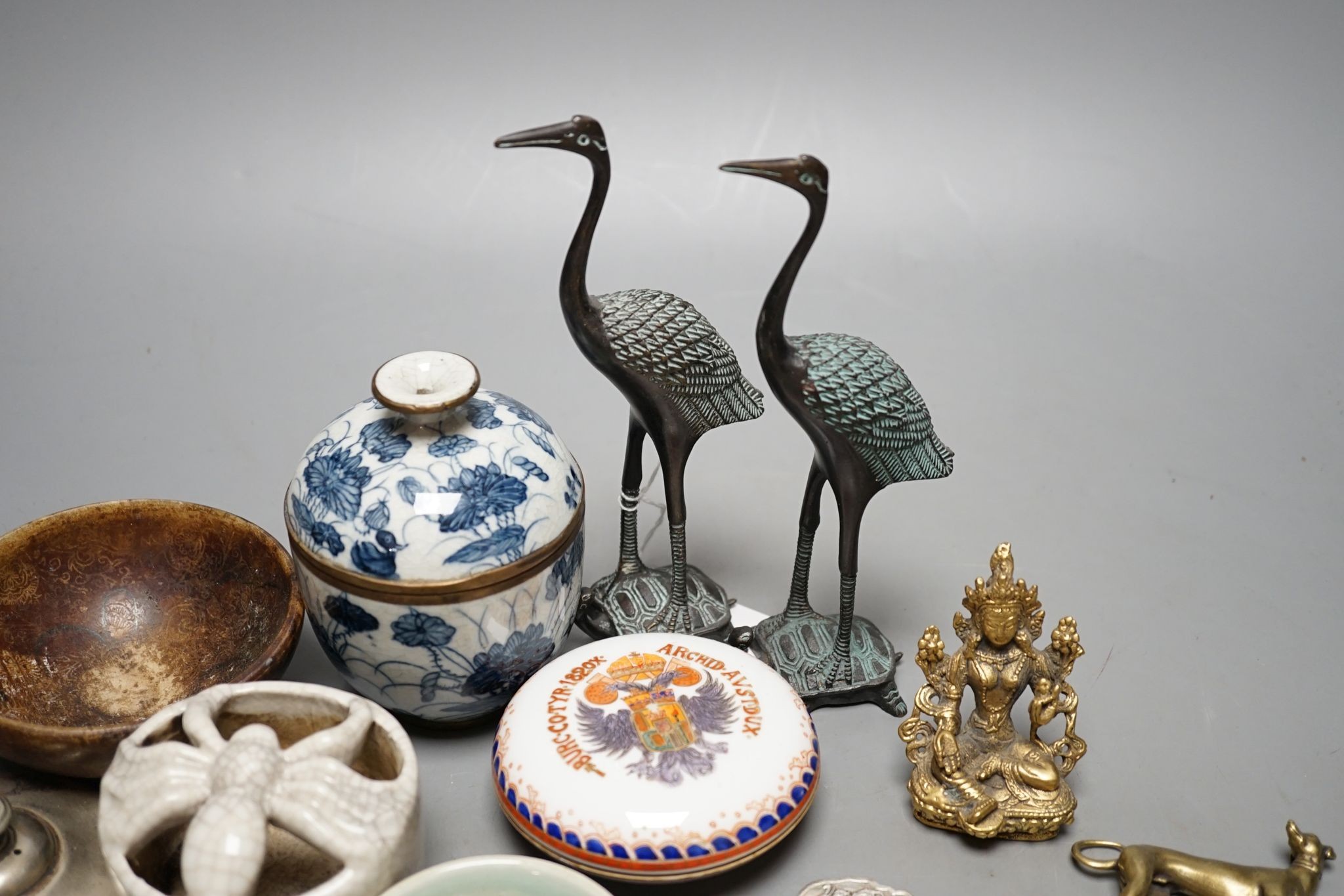 Mixed Chinese ornamental metalware and ceramics, including a pair of storks, 17.5 cms high.